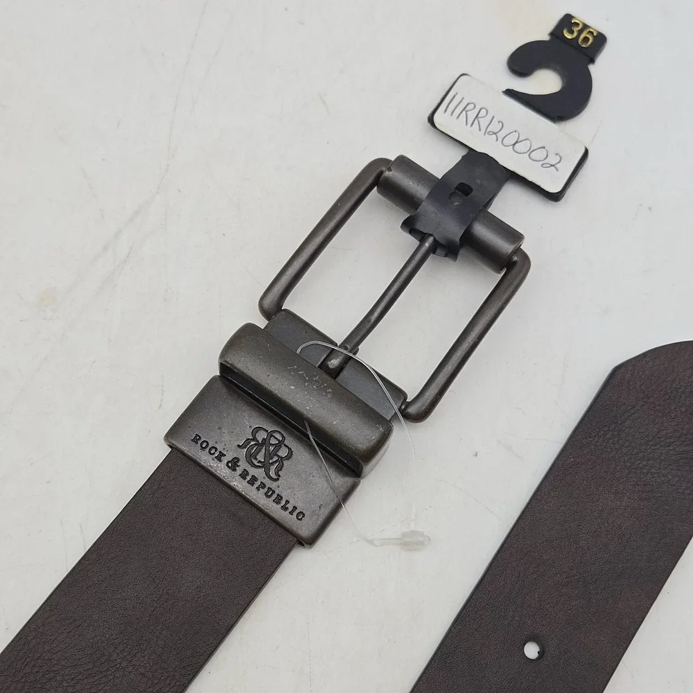 Rock & Republic Belt Brown Black Reversible Leather Mens 36 Bronze Buckle New